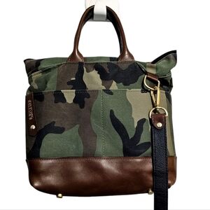 R.Riviter Camouflage Tote Bag crossbody  with Brown leather trim